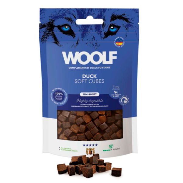 Woolf Cubes Semihúmedo Pato, Snacks Naturales para Perros, Premios para Perros