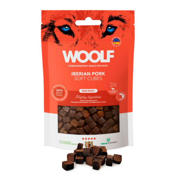 Woolf Cubes Semihúmedos Cerdo Ibérico, Snacks Naturales para Perros, Premios para Perros