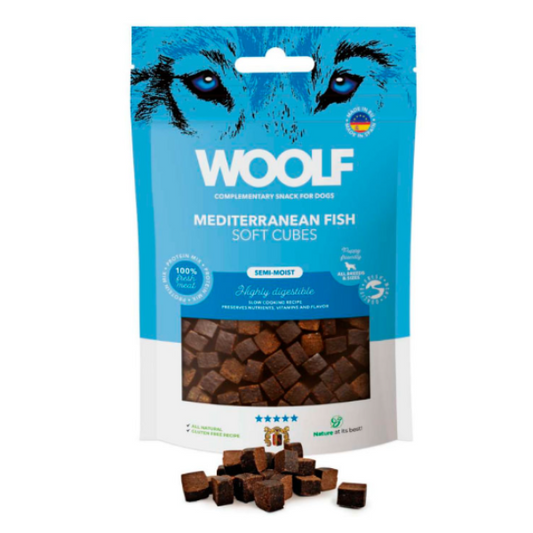 Woolf Cubes Semihúmedos Pescado Mediterráneo, Snacks Naturales para Perros, Premios para Perros