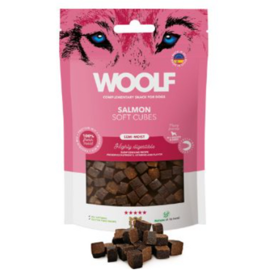 Woolf Cubes Semihúmedos Salmón, Snacks Naturales para Perros, Premios para Perros