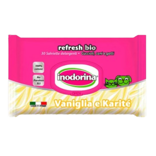 Inodorina Toallitas Refresh Bio Vainilla y Karité, Toallitas para Perros y Gatos