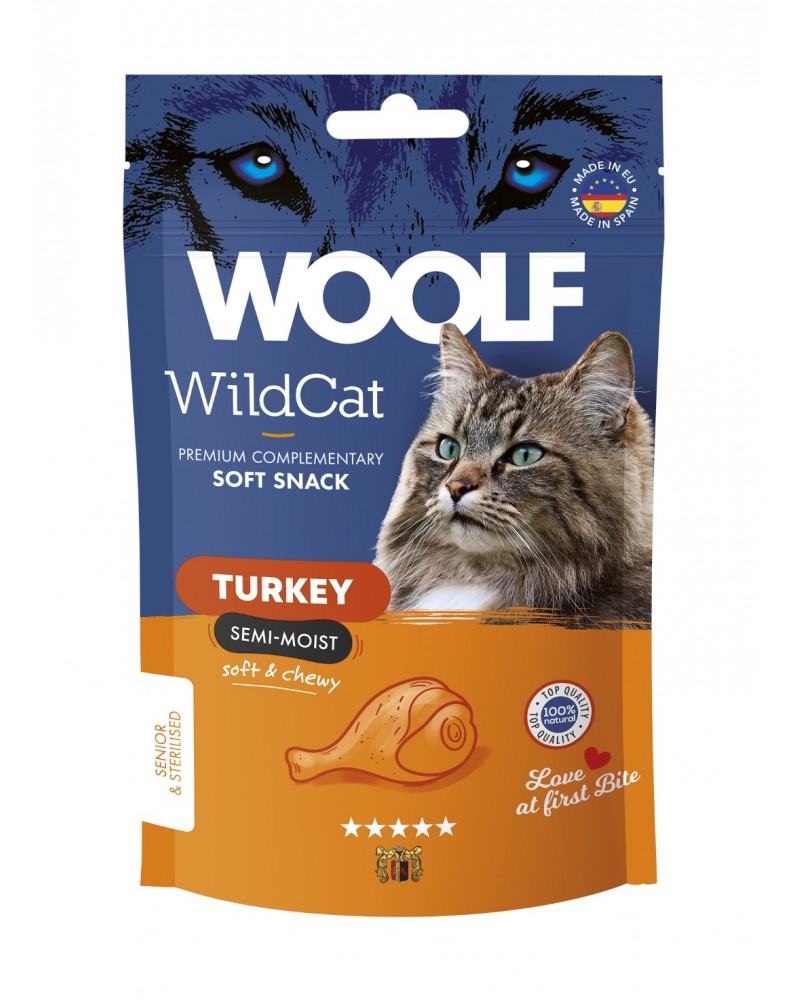 Woolf WildCats Pavo Snacks Semihúmedos Gatos, Snacks Naturales para Gatos, Premios para Gatos